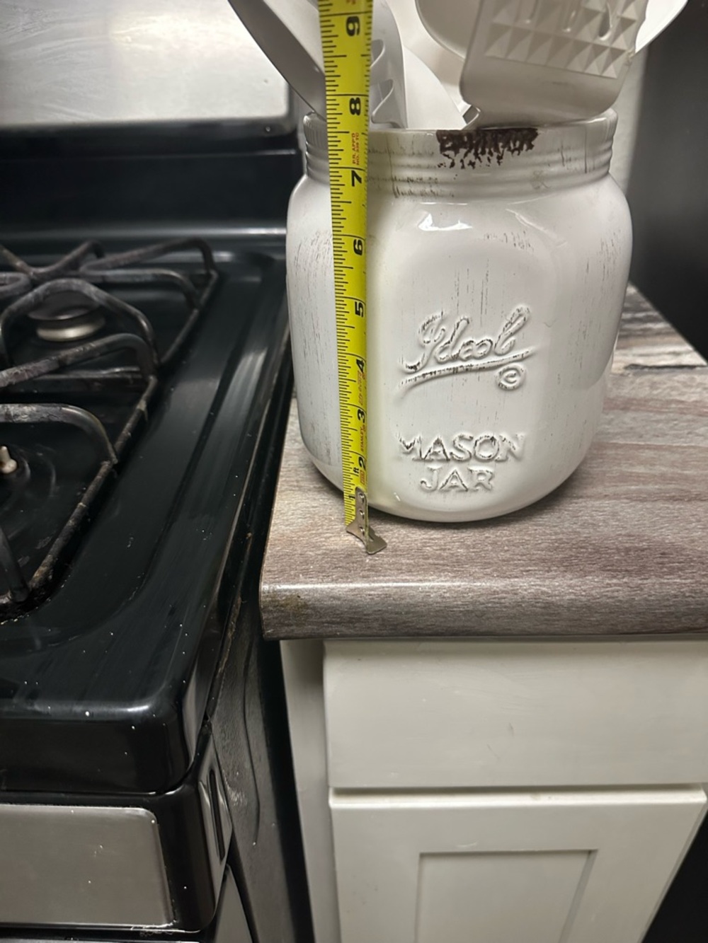 White Distressed Mason Jar Utensil Holder with Utensils - Picture 8 of 9